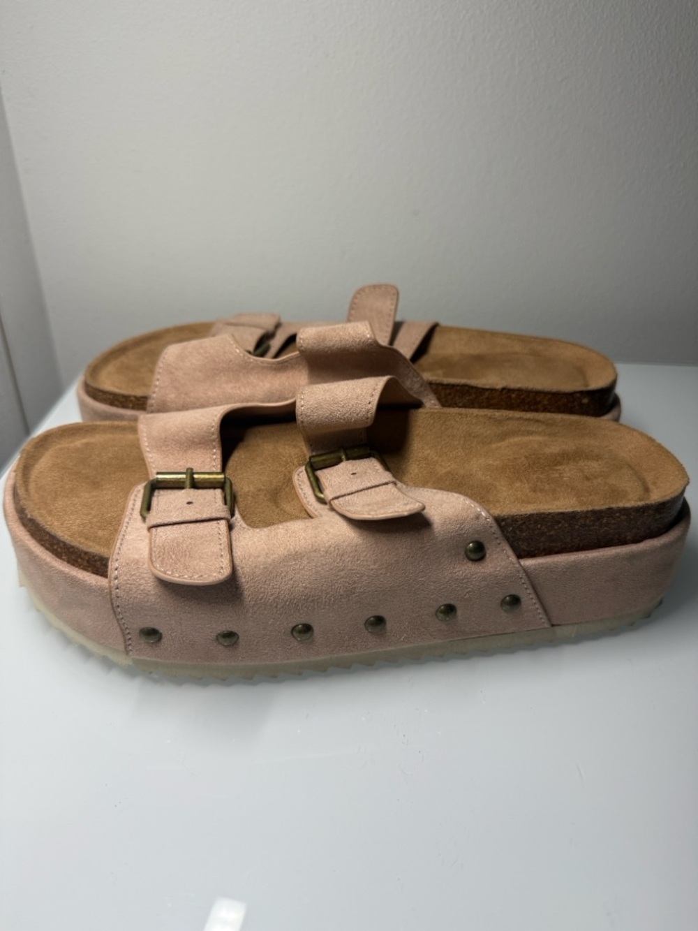 Pink Suede Double-Buckle Platform Sandals - Picture 4 of 5